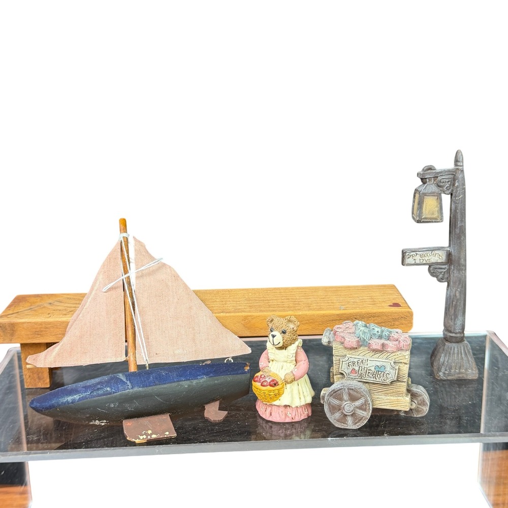 Sarahs Attic Miniature Accessories Lot, Bench Lamp Bear Sailboat Vintage Decor